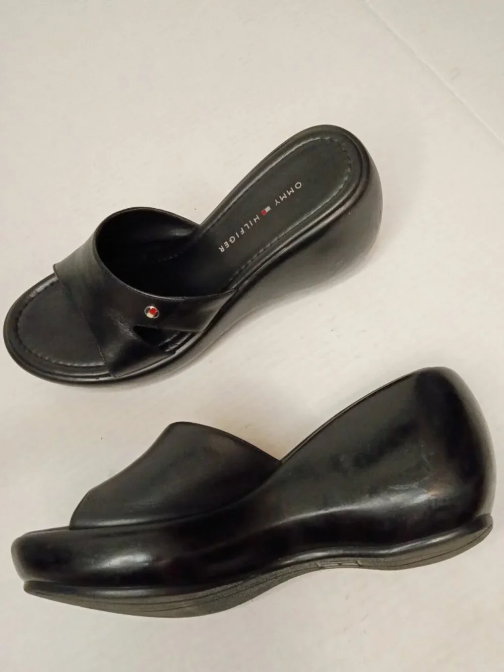 Tommy Hilfiger Black Leather Y2K Platform Wedge Slides Women’s Size 9M